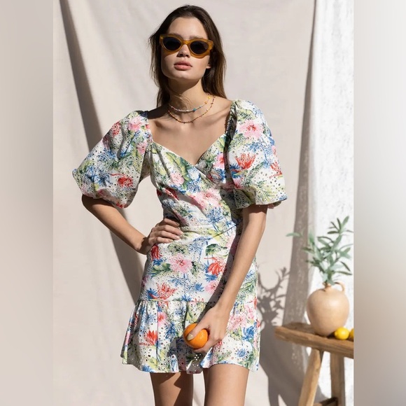 Adelyn Rae Dresses & Skirts - Adelyn Rae Giana Floral Print Eyelet Puff Sleeve Minidress
